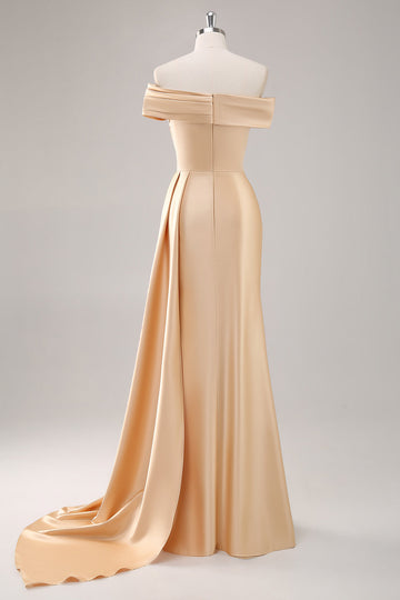 Champagne Mermaid Off the Shoulder Satin Evening Dress with Streamer